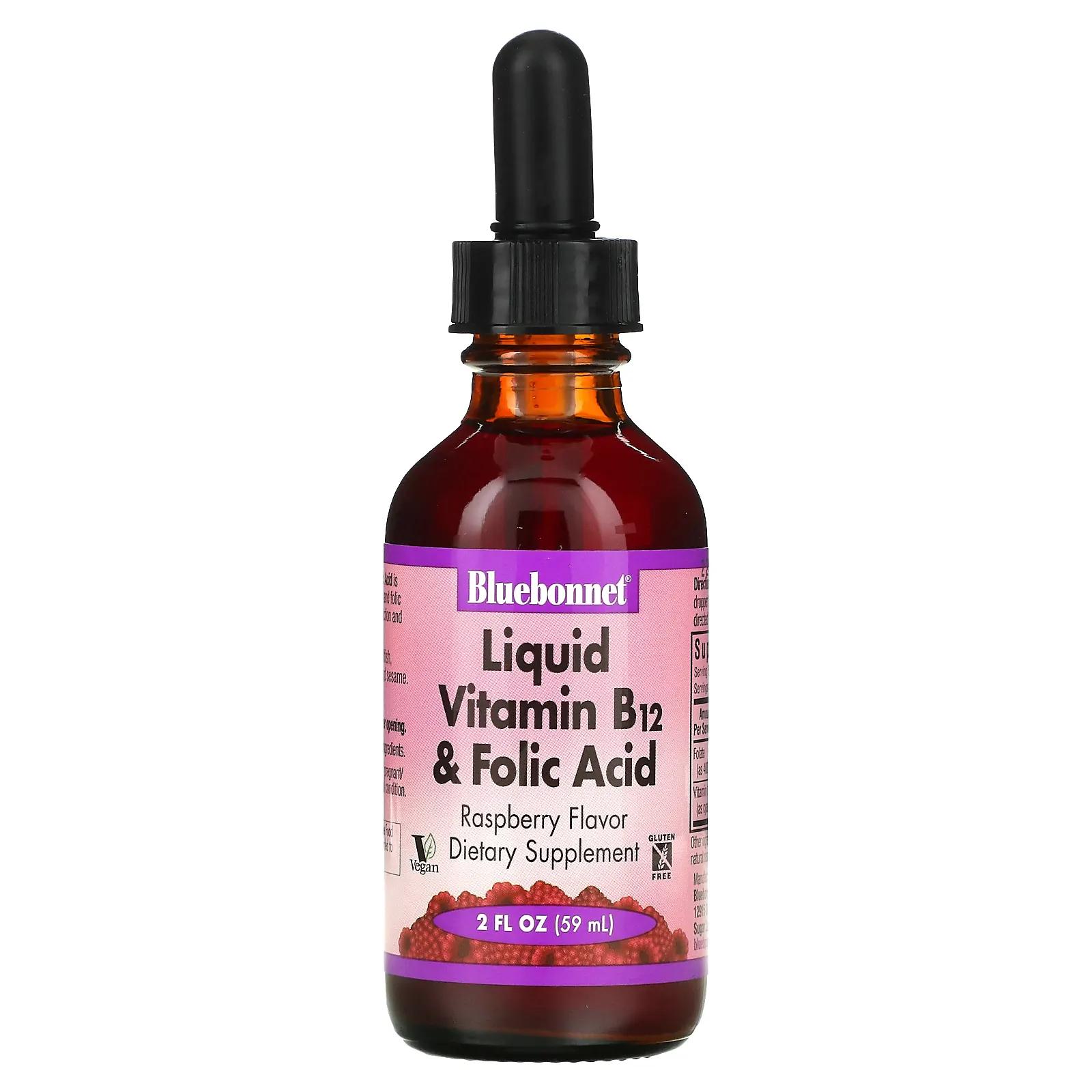 Жидкий витамин B-12 и фолиевая кислота, малина, 59 мл, Bluebonnet Nutrition, B12 LIquid  Folic Acid