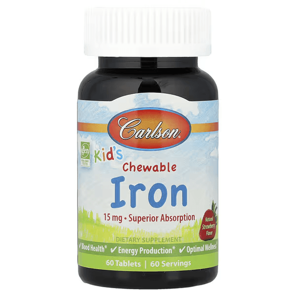 Железо для детей, вкус клубника, 15 мг, 60 жевательных таблеток, Carlson, Iron Chewable