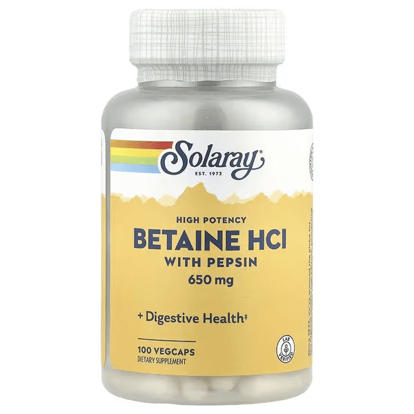 Бетаин гидрохлорид с пепсином, 650 мг,100 капсул , Solaray, Solaray Betaine HCI with pepsin