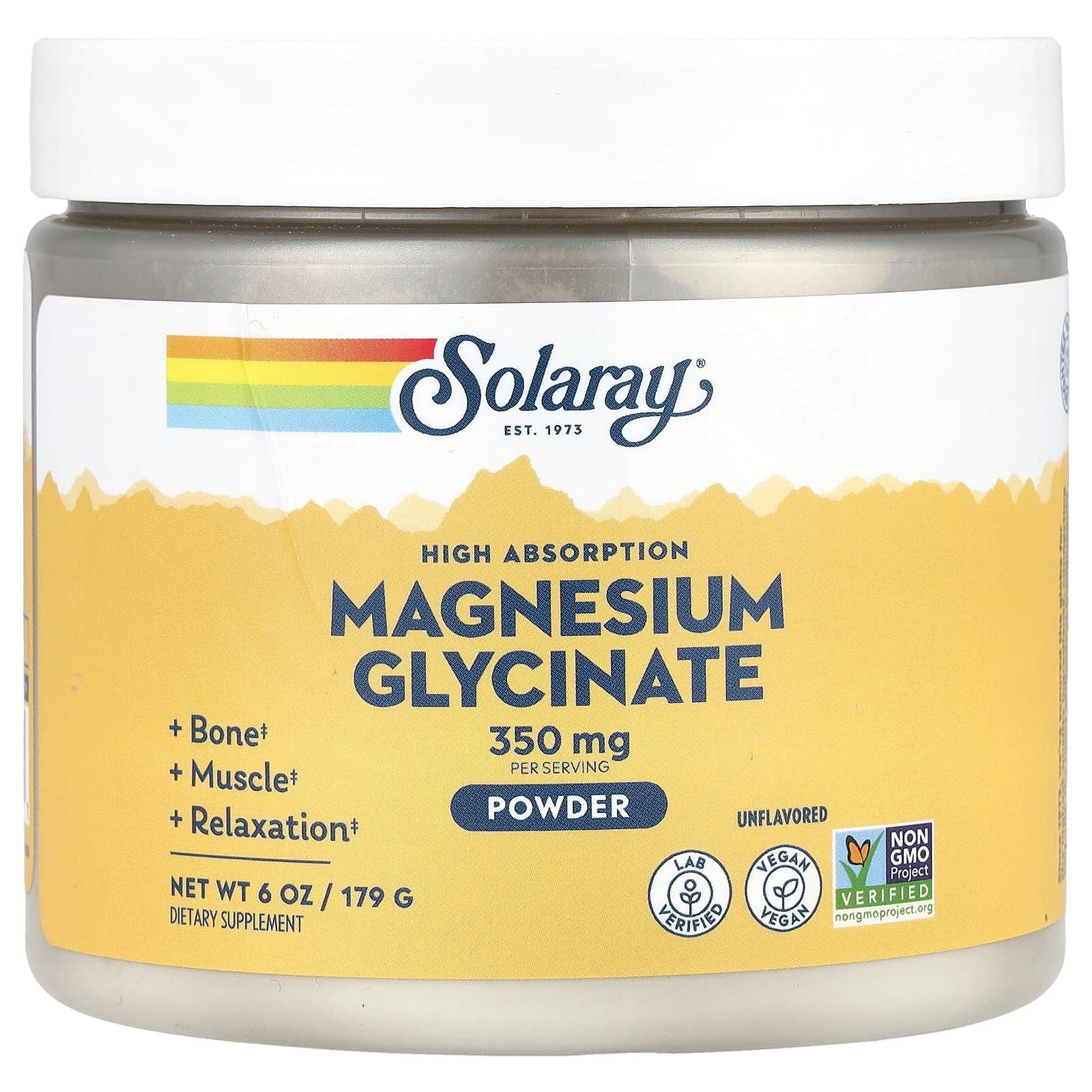 Магний глицинат порошок, 350 мг, 179 г, Solaray, Magnesium Glycinate