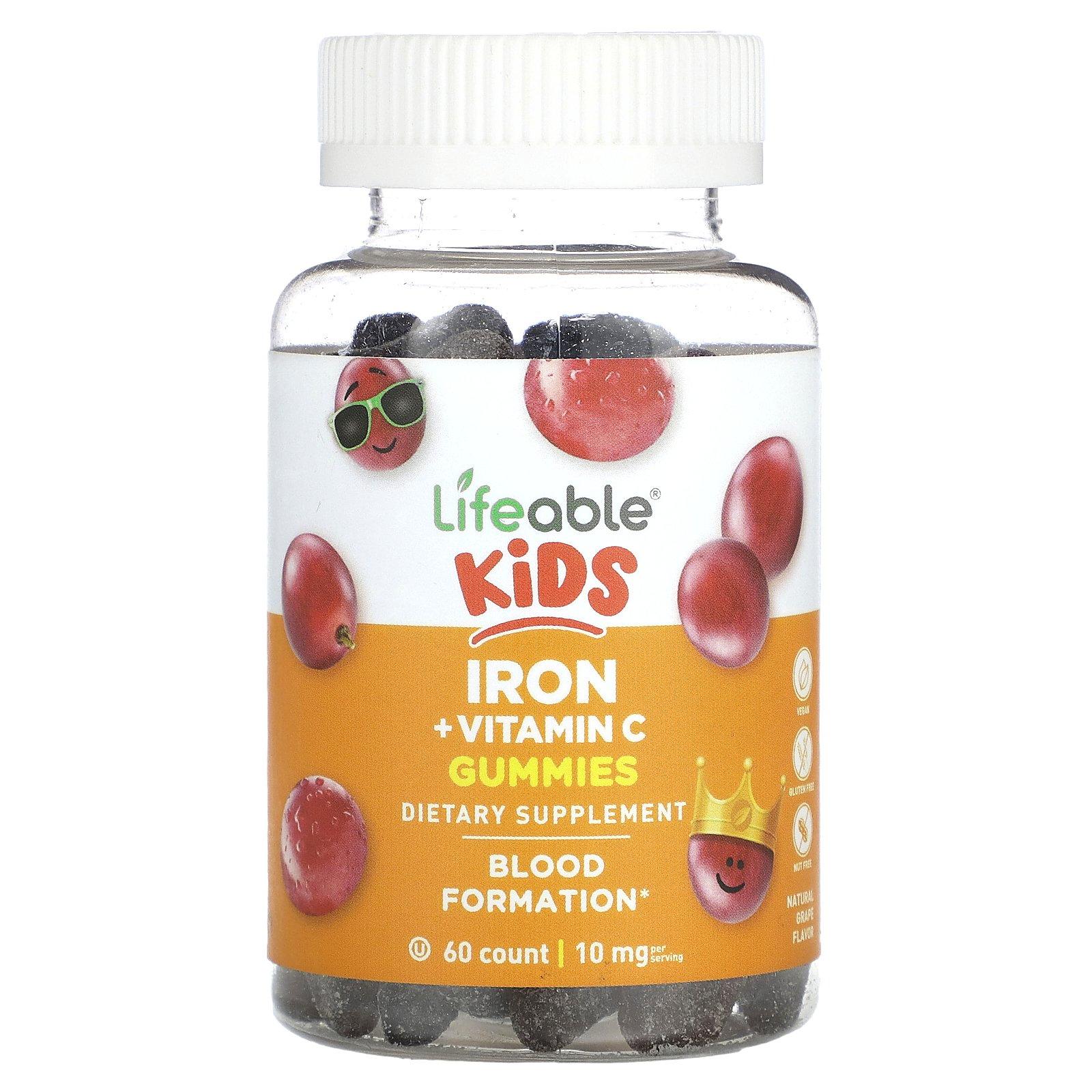 Железо с витамином С, вкус виноград, 10 мг, 60 мармеладок, Lifeable Kids, Iron + Vitamin C gummies