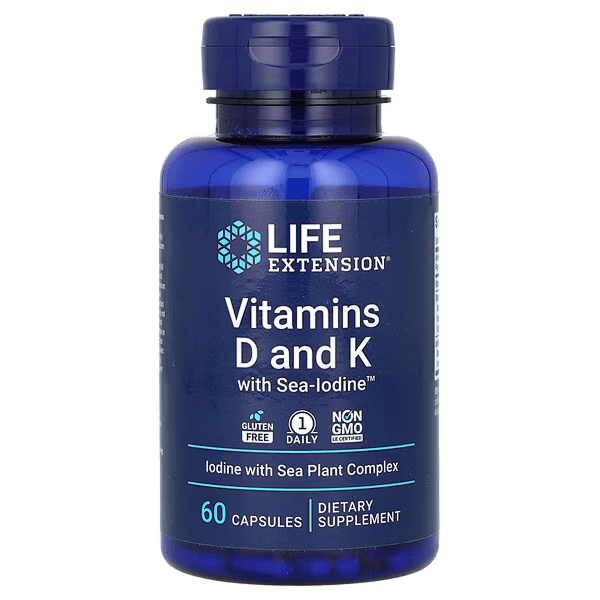 Витамины Д3 и К2 с йодом Sea-Iodine, 60 капсул, Life Extension, Vitamins D and K