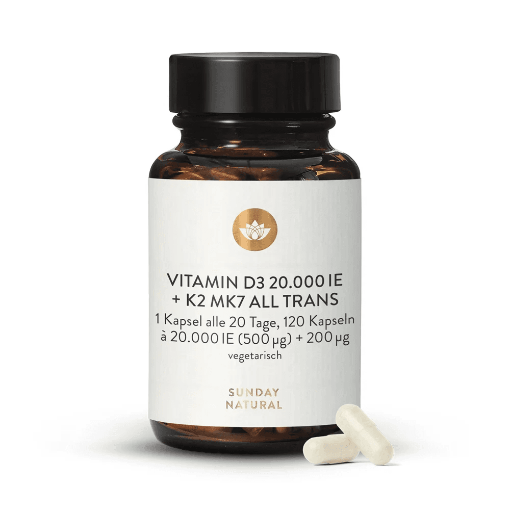 Витамин Д3+К2, 20 000 МЕ, 120 капсул, Sunday Natural, Vitamin D3+K2 МК-7