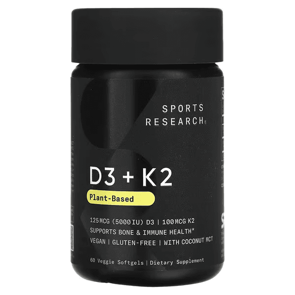 Витамины Д3+К2, 5000 МЕ/100 мкг, 60 растительных капсул, Sports Research, Vitamin D3+K2