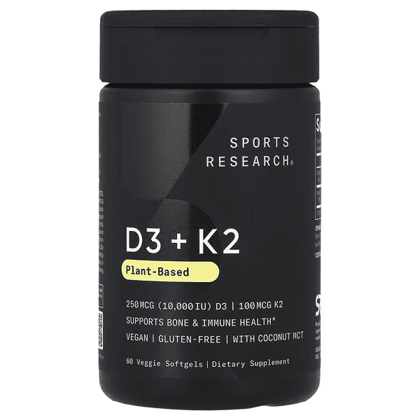 Витамины Д3+К2, 10 000 МЕ/ 100 мкг, 60 капсул, Sports Research, Vitamin D3+K2